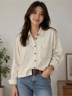 Jane & Delancey Cream Cotton Denim Shacket Button Down Shirt Jacket L